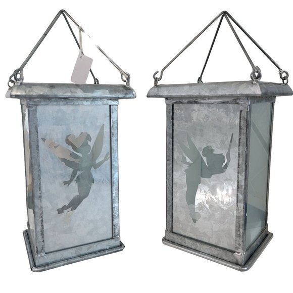 Disney Tinkerbell NWT Galvanized Metal Silhouette Candle Lanterns 9" set of 2. - Picture 1 of 10